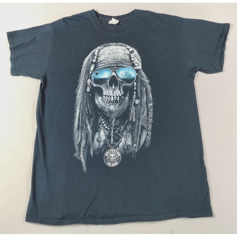 Gildan Shirt Mens Large Black Galveston Island Pirate Skull Tee Summer 3D Print